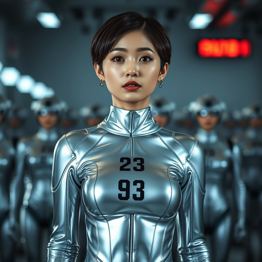 Korean woman. Sexy. Brainwashed. Standing at attention. Silver latex skin-tight full-body jumpsuit with a number on it. Short hair. Sci-fi ear buds. Awaiting orders. Thinks she is a robot. Sci-fi futuristic. Hypno drone. - Image