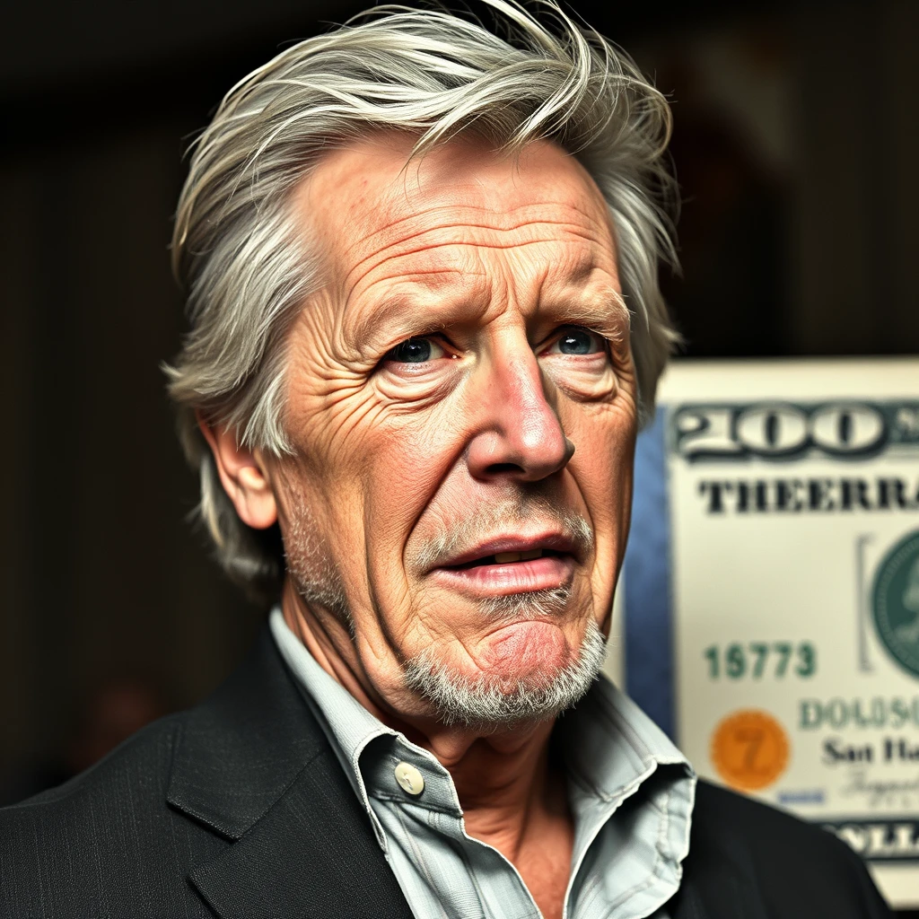 Gary Busey sur le billet américain de 7 dollars, argent imprimé.