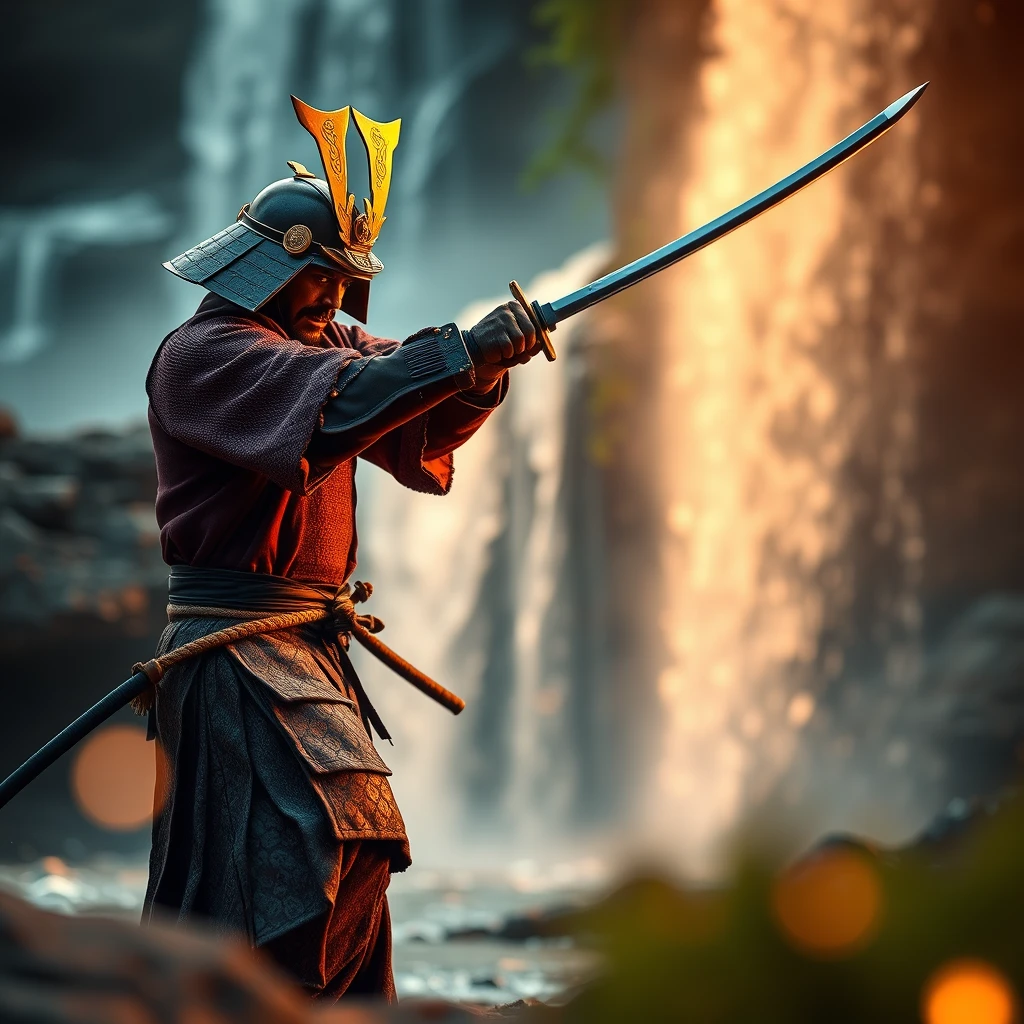 An aggressive samurai swinging his katana, at a waterfall, bokeh, foreground blur, golden hour, intricate detail. - Image