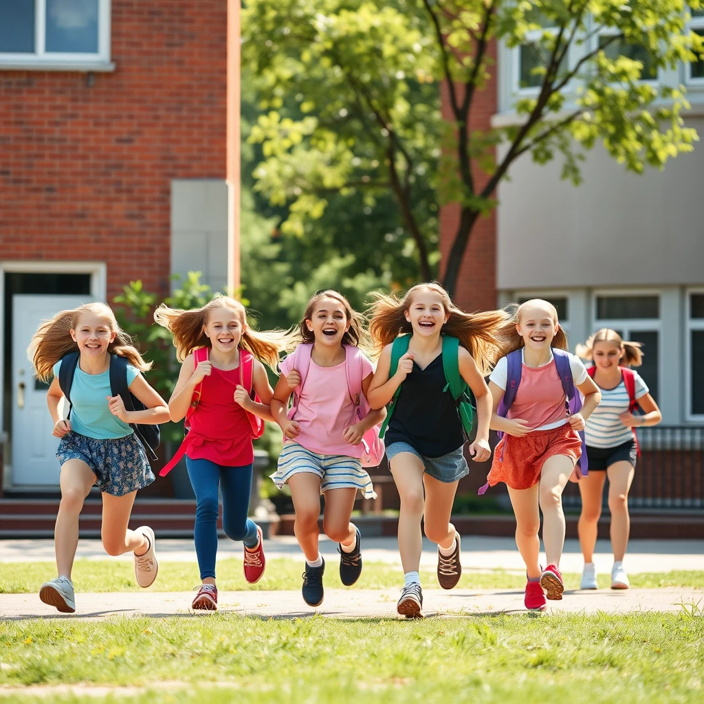 'Create a photo of a group of 14-year-old girls joyfully running across the schoolyard in summer because the holidays are starting. They are carrying school backpacks and cheering.'