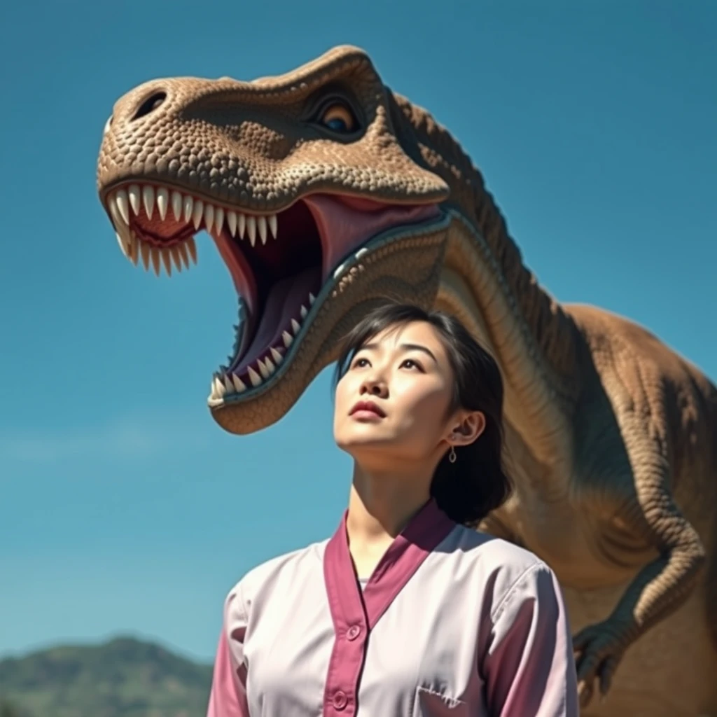 "A dinosaur and a woman, there is Korean." - Image