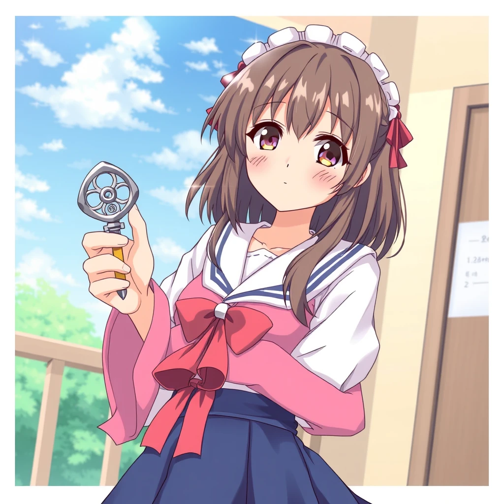 Japanese anime illustration: a girl with a key in hand. - Image