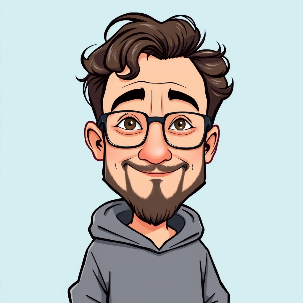 An illustration of a caricature character in the style of a cartoon, with short curly hair and a beard wearing glasses and a sweatshirt, with a background in light blue tones. The artwork should capture his essence through exaggerated features and expressive elements to bring out his personality. Use bold lines for outlines and soft colors to create depth. - Image