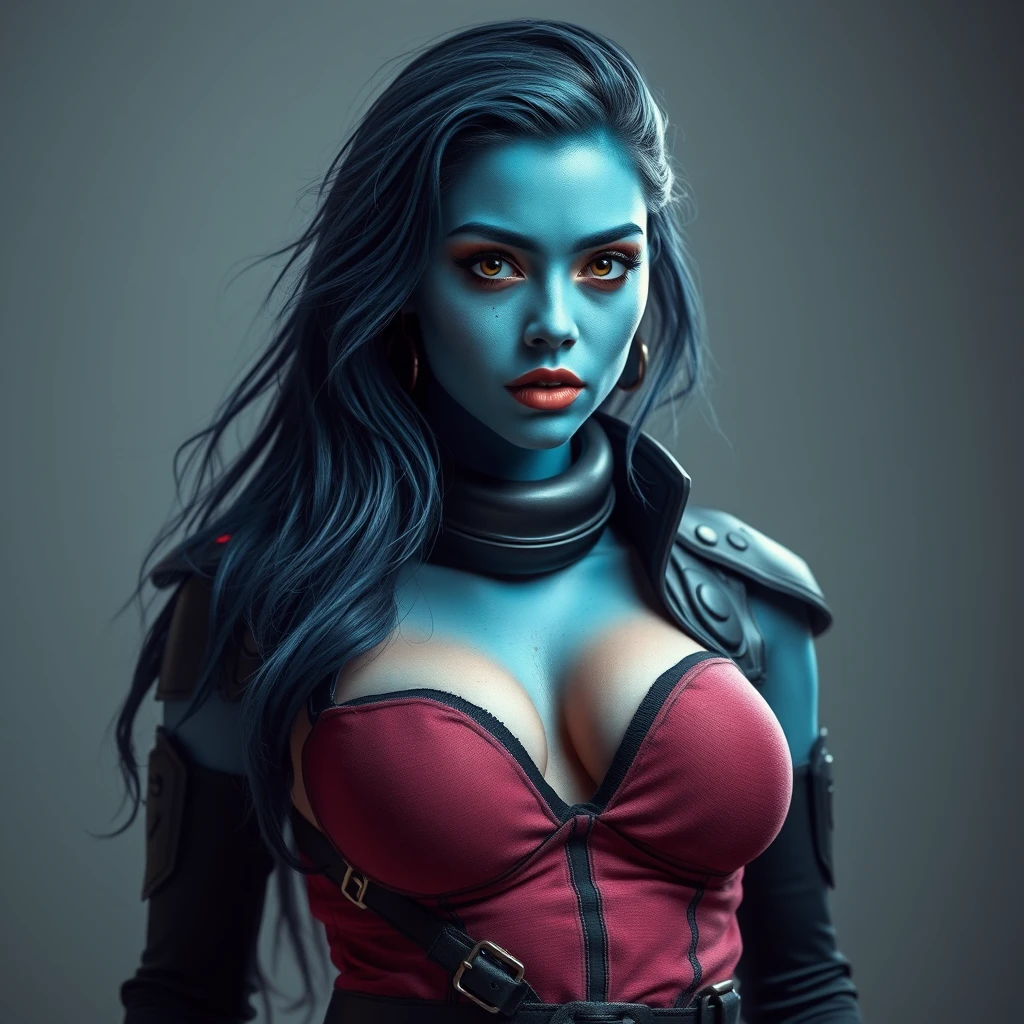 A beautiful woman with blue skin wearing sci-fi clothing, looking seductively at the camera, full body.