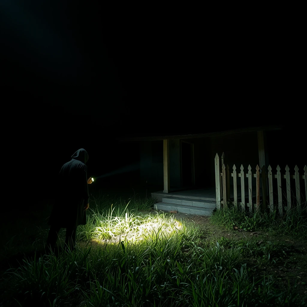 Mysterious figure lurking near an abandoned old Javanese Traditional Gebyok house, without electricity, pitch dark ambience under the dark night, someone shines a powerful incandescent flashlight towards the old Javanese Traditional Gebyok house, dramatic shadows, suspenseful mood, cinematic style, neglected yard with tall grass and a white picket fence, 4k --ar 4:3 - Image