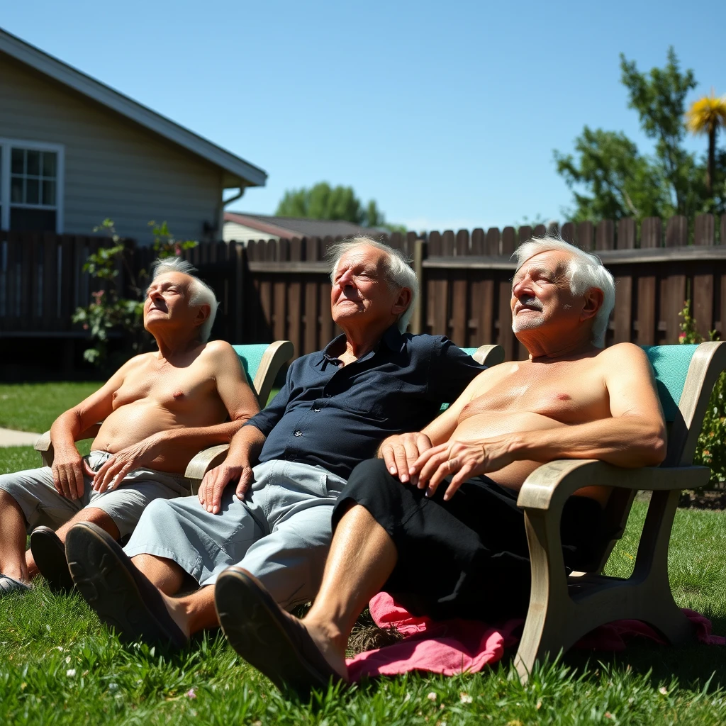 3 old grandpas tanning in the backyard.