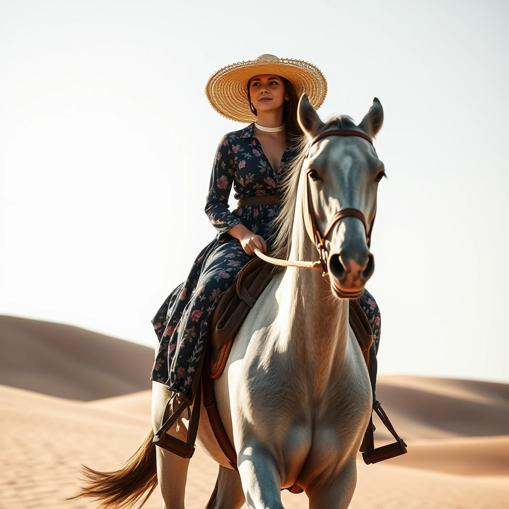 a women wearing big hat and riding a grey horse,Floral Clothes，in desert on dune - Image