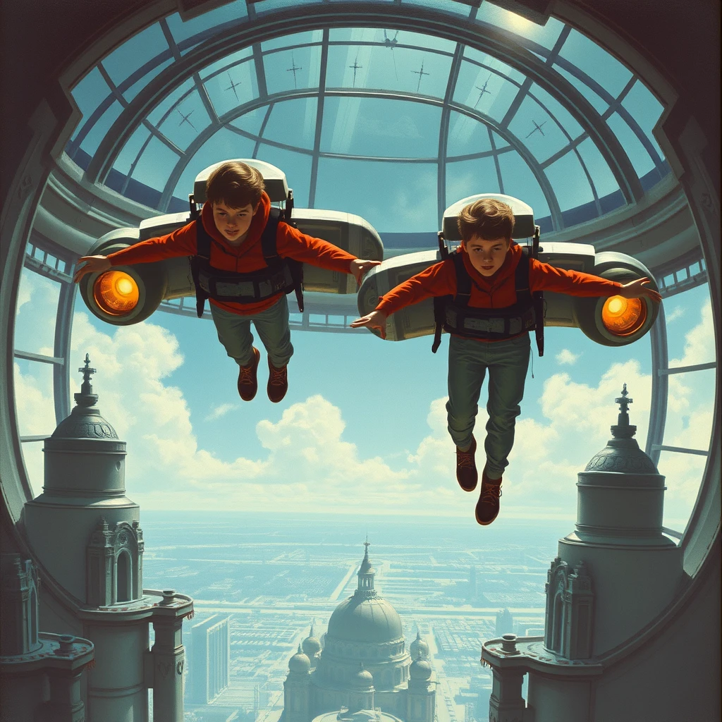 Two teen boys are flying using jetpacks inside of a futuristic glass-domed city, a painting by Chesley Bonestell.