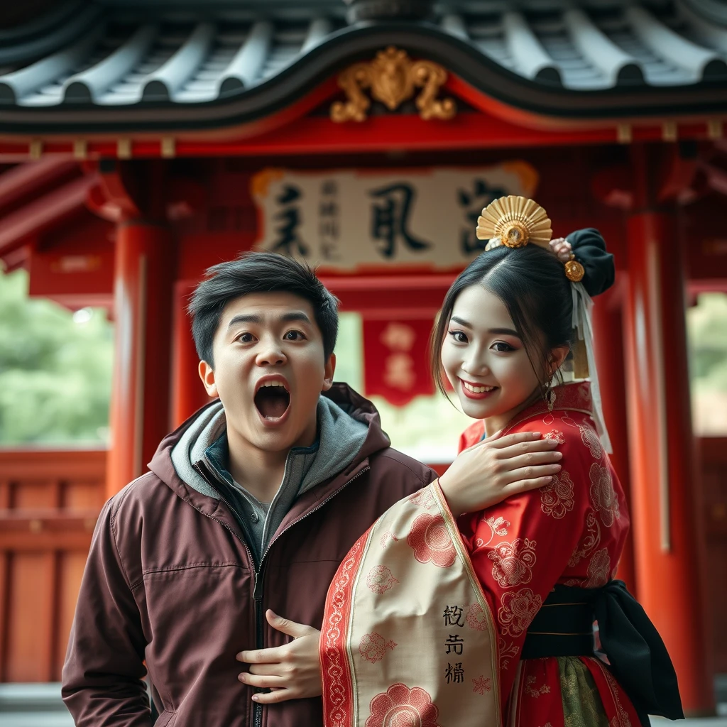 A young Asian man in a jacket is inside a Japanese shrine, surprised and screaming as he looks at the viewer. Suddenly, a beautiful oiran wearing traditional oiran clothing smiles and hugs him.