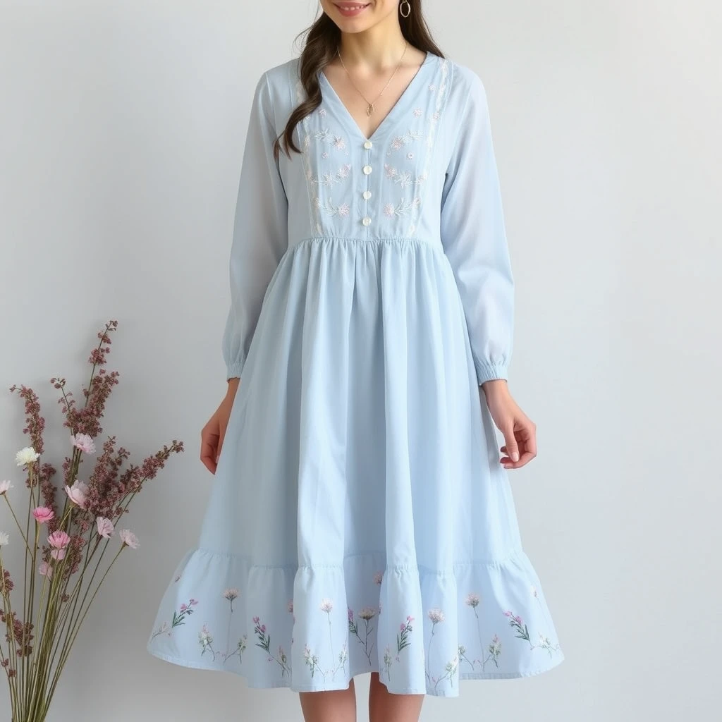 "Create a modern yet romantic dress that blends simplicity with nature, perfect for daily wear and semi-formal events. Inspired by spring's first blooms and soft daylight, it features a breathable A-line silhouette with a flowing hem. Made from 100% organic cotton or Tencel blend for comfort, with a hint of ethereal lace or recycled polyester organza. Soft cotton lining for comfort. Main colors are a gentle morning mist blue or a delicate cherry blossom pink. The hem is adorned with a digital print of fine botanical motifs, with a V-neck embellished with delicate embroidery or beads, and long sleeves for a vintage yet contemporary touch." only one girl's full body photo. - Image