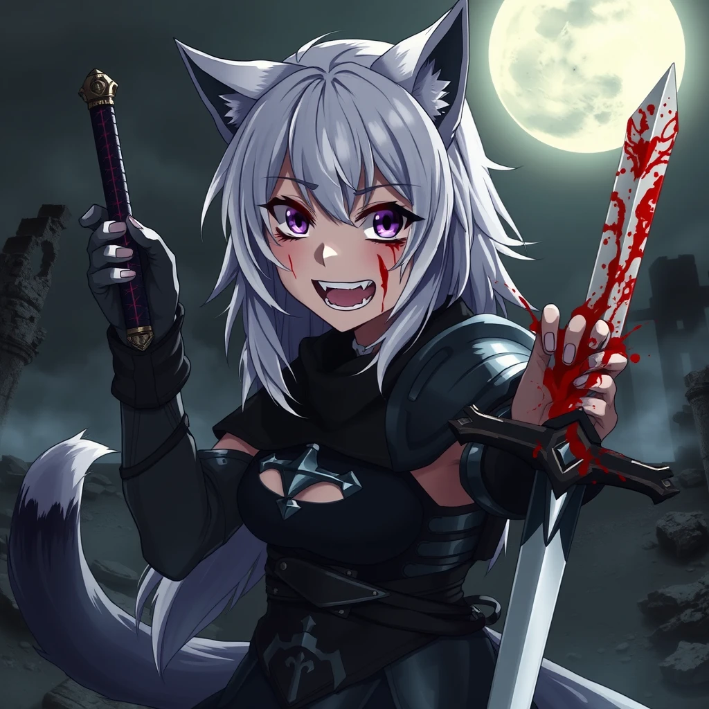 Anime girl with fangs and medium white hair, wolf ears, and a tail, with purple eyes and an evil grin, blood on her face, holding a sword in her right hand; the sword is covered in blood. The girl is wearing armor. Old ruins can be seen in the background; it is dark and foggy, with a full moon in the sky. Dramatic, dynamic, cinematic.