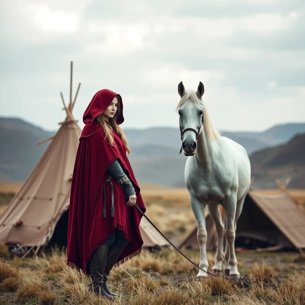 Full photo: Fantasy heroine with a red cape without a hood next to a small tent and a white horse in the steppe, hills in the background. - Image