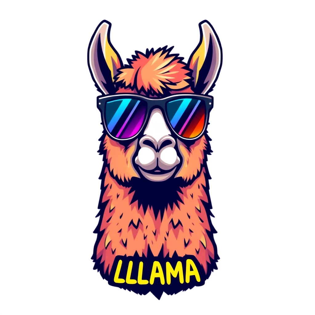 Illustration of a pixelated Llama, retro style, looking at the camera, wearing sunglasses, hipster with rainbow colors, with a caption saying "LLAMA", typography, illustration. - Image