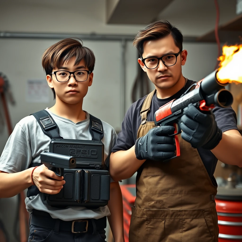 A 21-year-old white, thin, long-faced young adult Northern Chinese man with a square chin, wearing square glasses, holding a pistol, with medium to long length hair, and wearing a Chicom chest rig; a 21-year-old Caucasian Italian man wearing round glasses and short hair, holding a very large fire extinguisher flamethrower, wearing a welding apron and gloves; in a garage setting; both are angry.