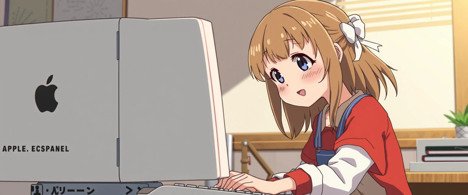 A young girl repairing an Apple computer in Japanese animation style. 16:9 - Image