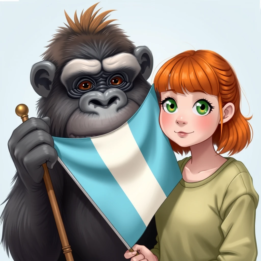 A gorilla named Kinga is holding a flag with three stripes: light blue, white, and light blue, next to a cute teenage girl with ginger hair, green eyes, and bangs. - Image