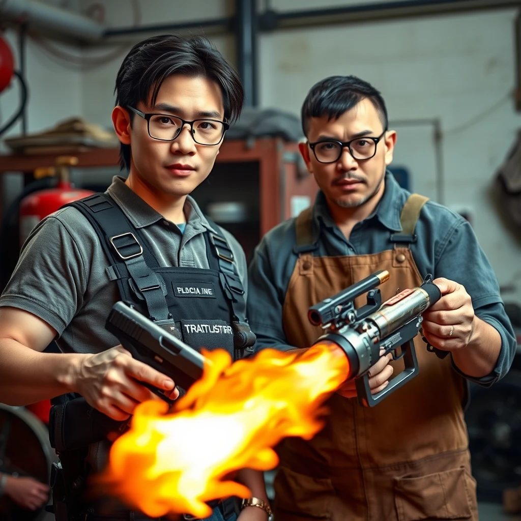 21-year-old thin, long-faced white adult northern Chinese man with a square chin, wearing square glasses, holding a pistol, with medium to long-length hair, and wearing a tactical chest rig; 21-year-old Caucasian Italian man wearing round glasses and short hair holding a very large fire extinguisher flamethrower, wearing a welding apron; in a garage setting; both looking angry. - Image