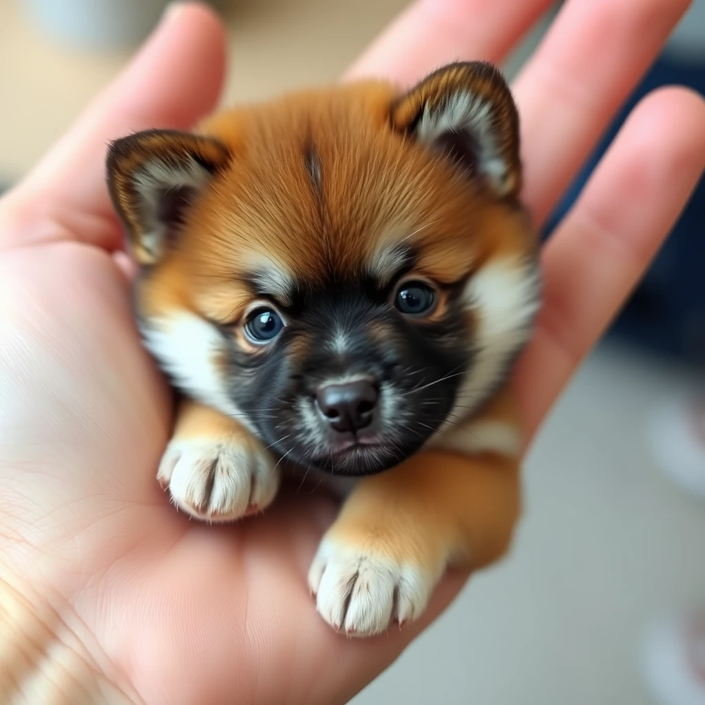 A very very very small tiny cute Akita dog in a hand.