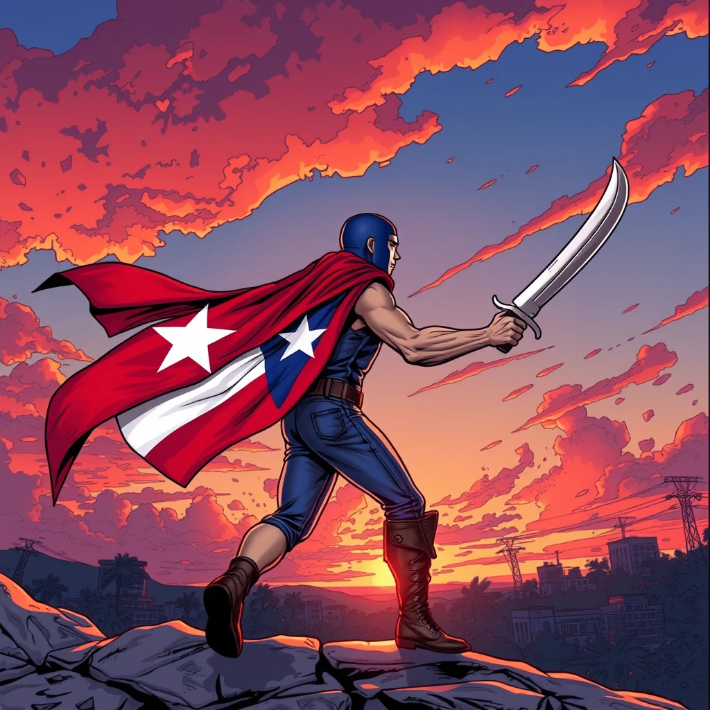 As the sun sets in Puerto Rico, a superhero emerges, their flag cape fluttering, machete emblem shining. With purpose, they patrol, ready to defend their homeland from any threat. Comic style, art by Todd Mcfarlane.