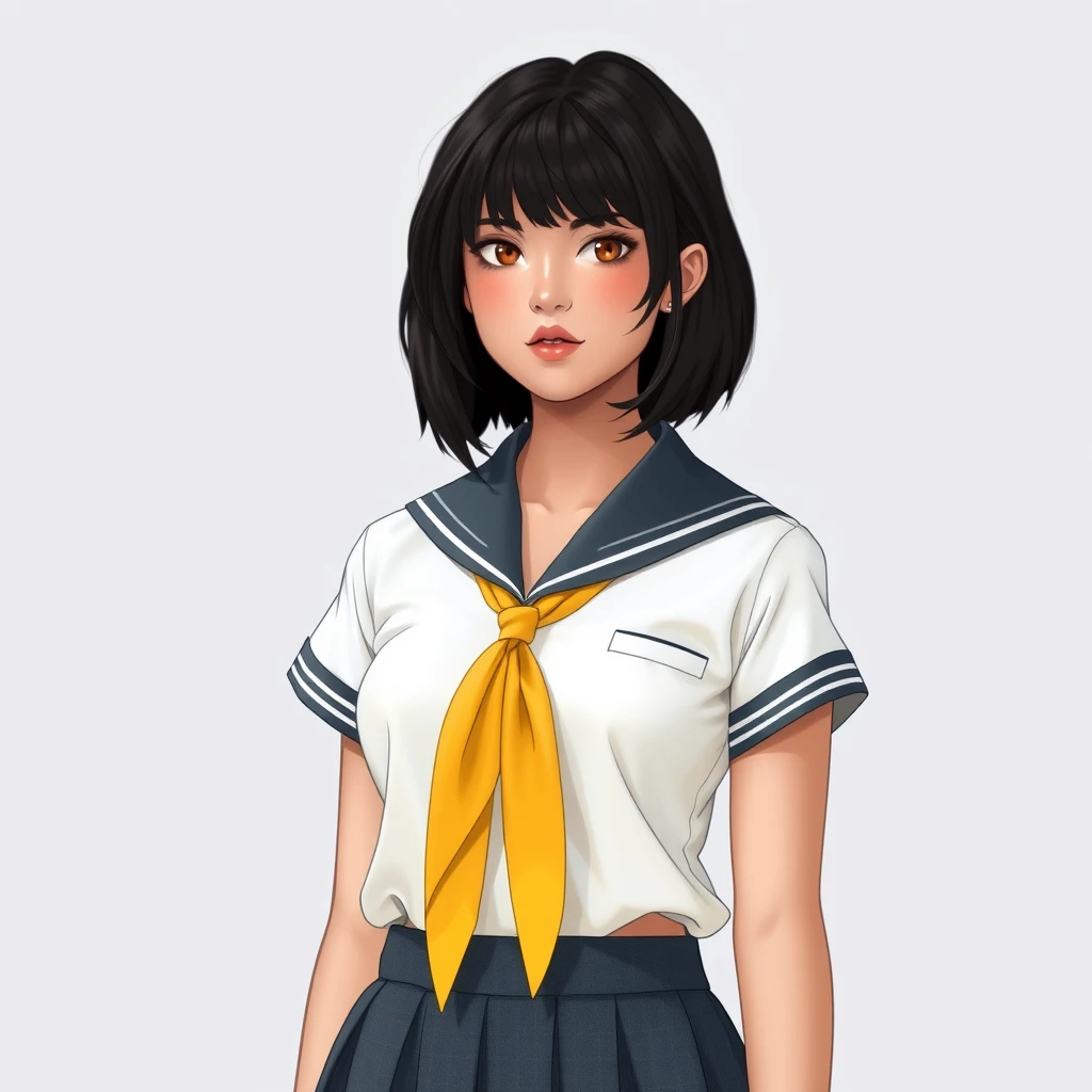 20 años, chica alta de cabello negro en un uniforme escolar, cuerpo completo. Estilo manga, en escala de grises.