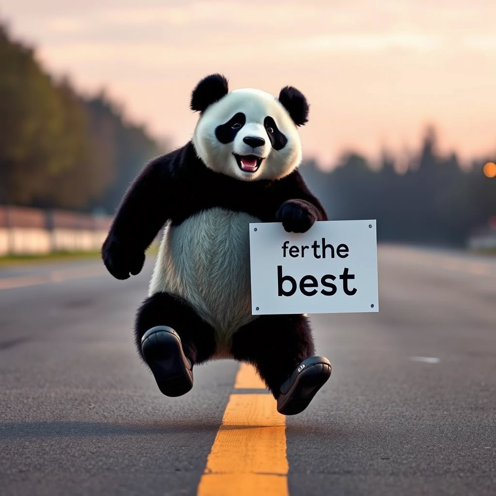 A personified panda is running on the runway, holding a sign that says "you are the best" in Chinese.