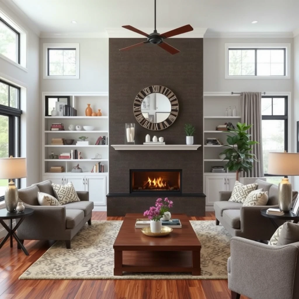 Give me some ideas for how to decorate a 15 foot by 15 foot family room with a fireplace centered on one wall. - Image