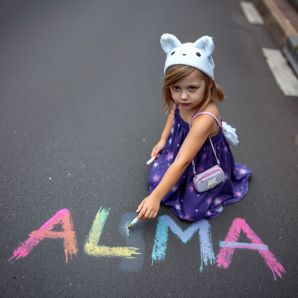 Four-year-old girl with light brown hair. The girl is wearing a long shirtless purple galaxy-themed skirt. She has hazel-colored eyes and a Finnish appearance. She is painting with chalk on the street, creating rainbow-colored readable text that says "ALMA." The image is photorealistic and high quality. She has a small unicorn bag and is wearing a white cat hat. - Image