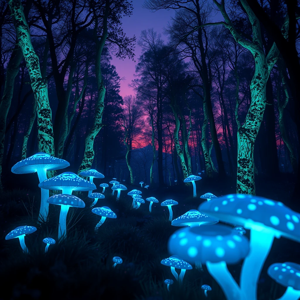 Ethereal bioluminescent forest at twilight, with glowing mushrooms and fireflies. - Image