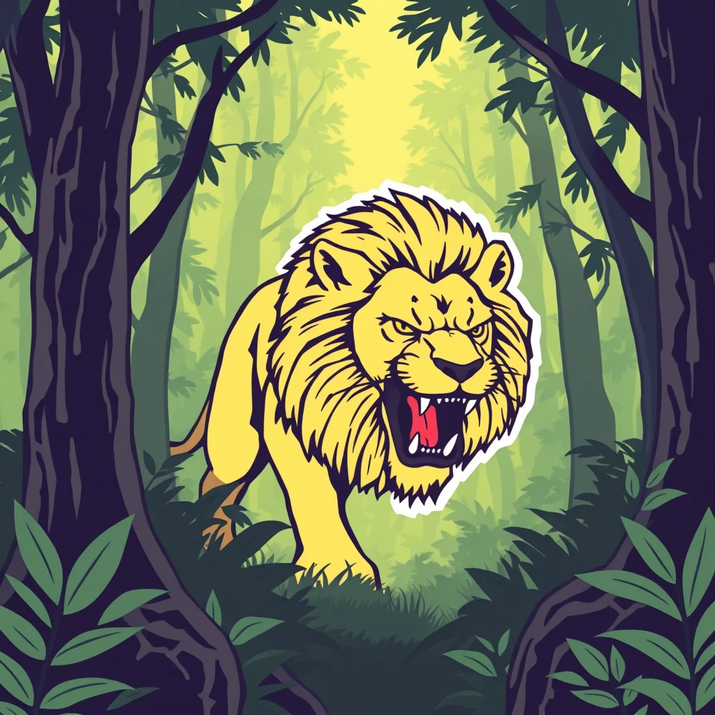 a aggressive lion in forest, vector sticker, contour, Traditional animation style, adobe illustrator, pure clean bright solid background - Image