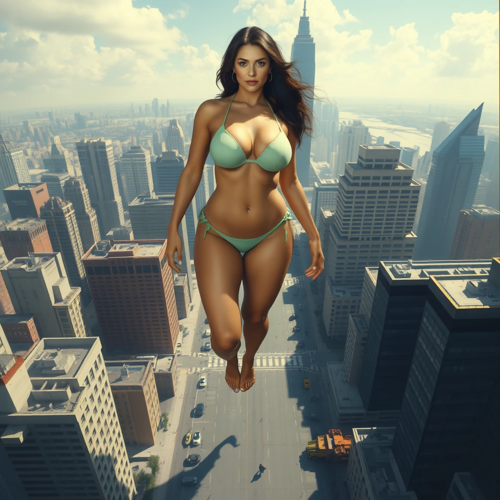 Aerial view of city, giant stunning plus-size woman in bikini standing barefoot between buildings, realistic fantasy painting. - Image