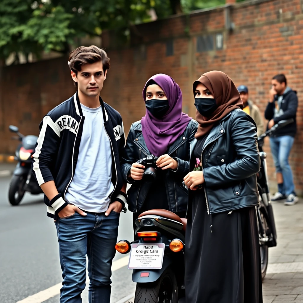 Jamie Dornan and Freddie Prinze, head and body shot, handsome, young, serious face, dark brown-haired, white T-shirt, college jacket, skinny jeans, sneakers, standing, discussing with two guys and a short purple hijab Muslim girl, beautiful eyes, face mask black, black leather jacket, longest black leather skirt, holding a DSLR Canon camera, near town road, superbike, hyper-realistic, street photography, brick wall, full-body photo, three other random friends in the back. - Image