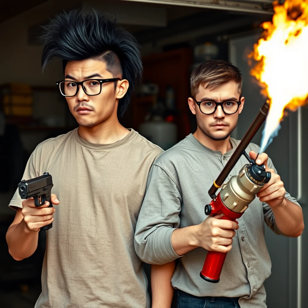 21-year-old thin Caucasian man from northern China with a square chin, wearing square glasses and a long black mullet, holding a pistol; 21-year-old white Italian man wearing round glasses and short hair, holding a very large fire extinguisher flamethrower; garage setting; both are angry.