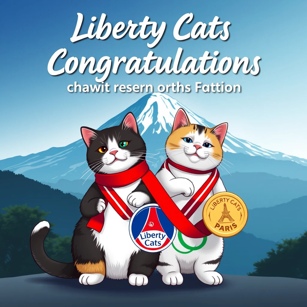 draw a pic with "Liberty Cats Congratulations chinese athletes " big text on the Mount Fuji backgroud,AND tow cats  in front it together , carring a Paris Olympic gold medal  logo with text "Liberty Cats"
