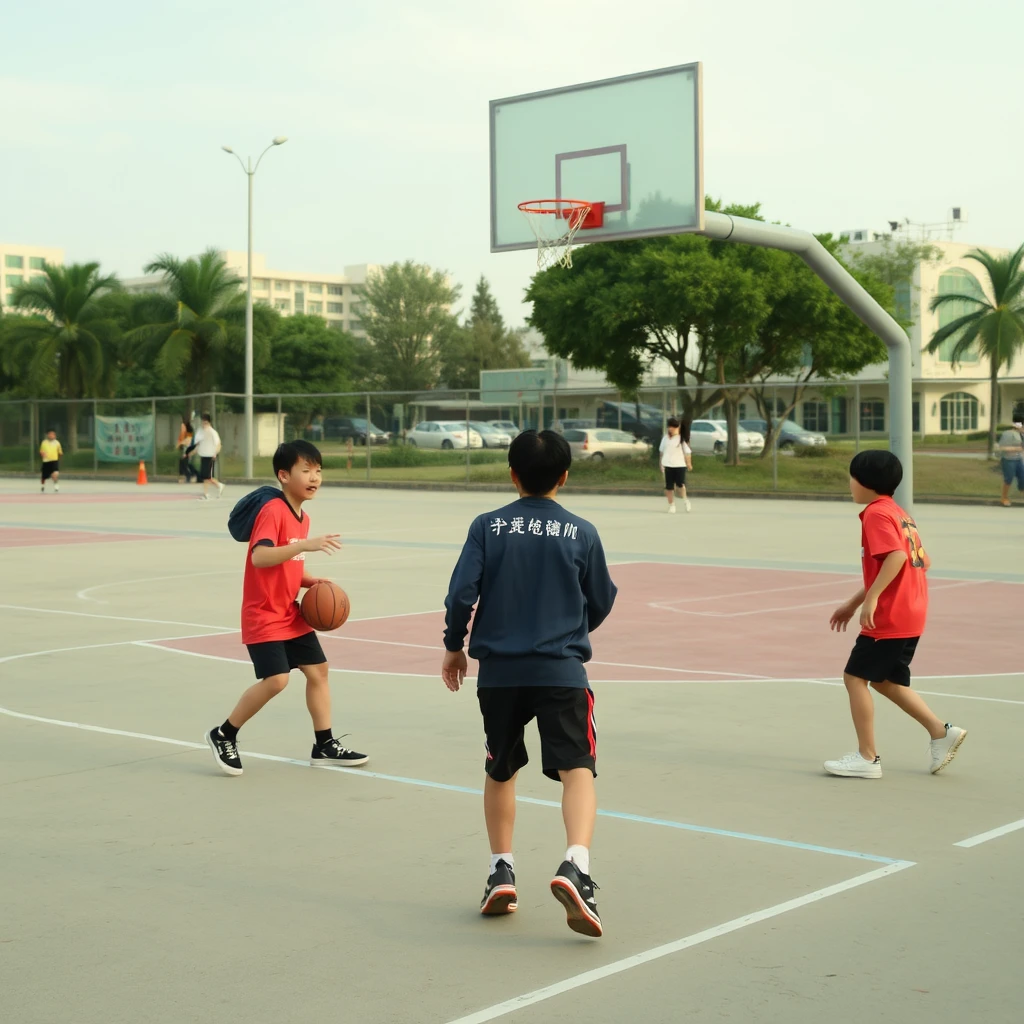 During the day, a few people are playing basketball, with Chinese characters or Japanese or Korean. - Image