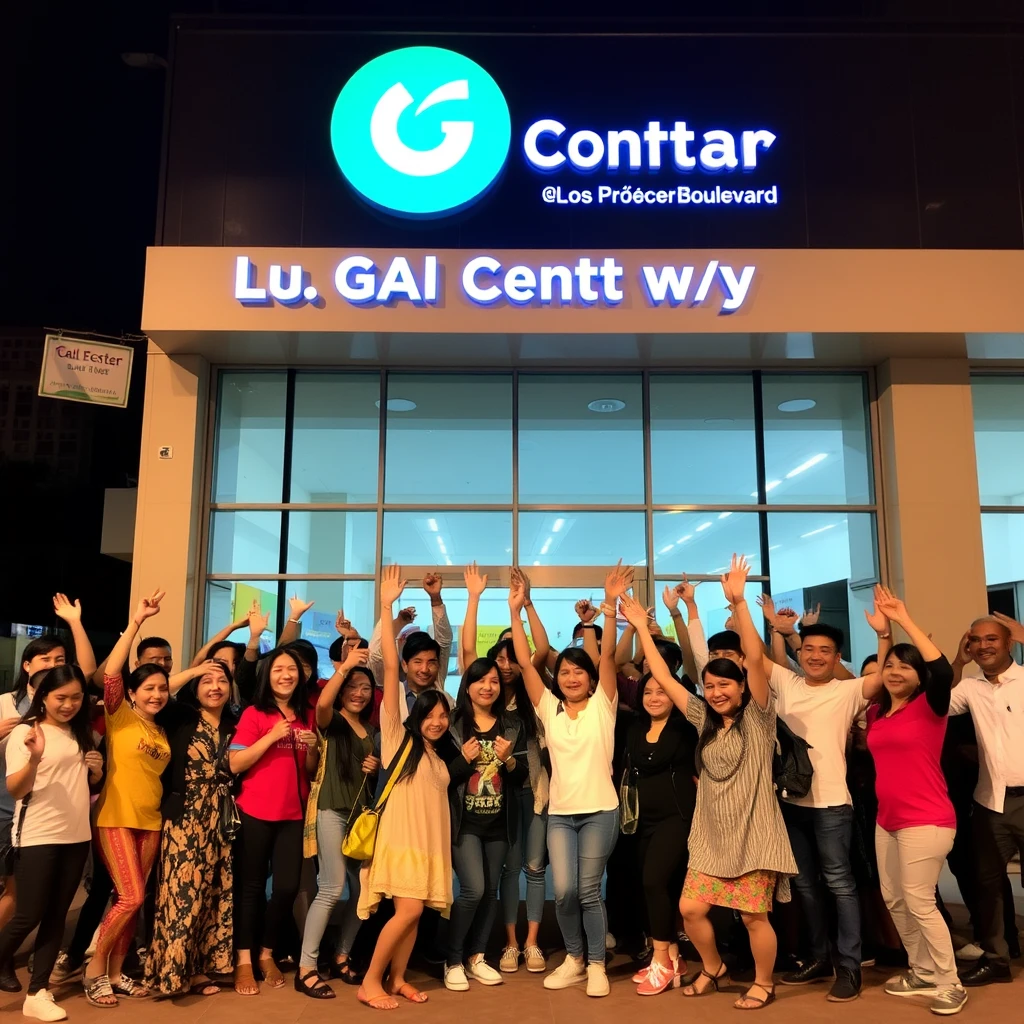 People celebrating in front of a call center office in Guatemala located at Los Próceres Boulevard.