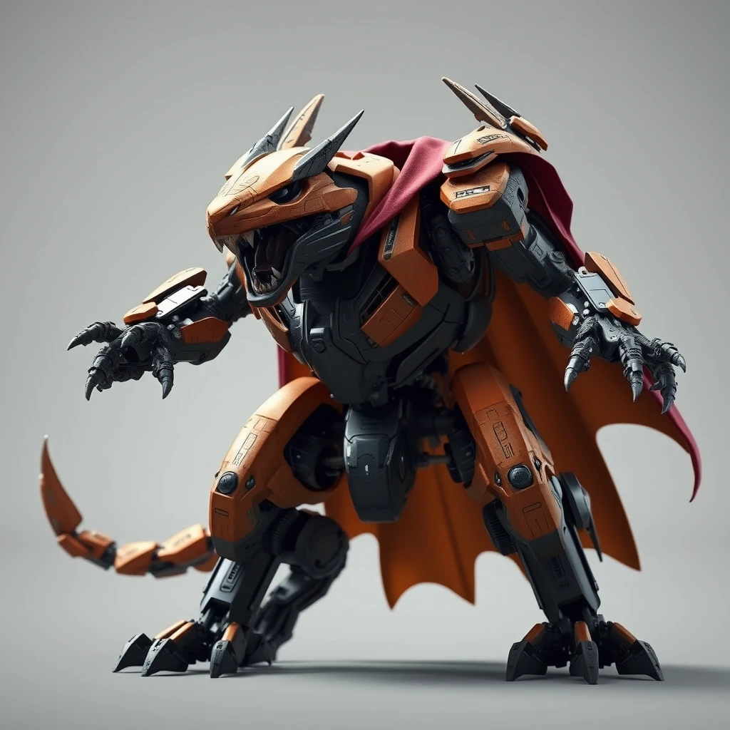 "Realistic style, C4D, animal-shaped mecha, exoskeleton, wearing a cape, roaring."