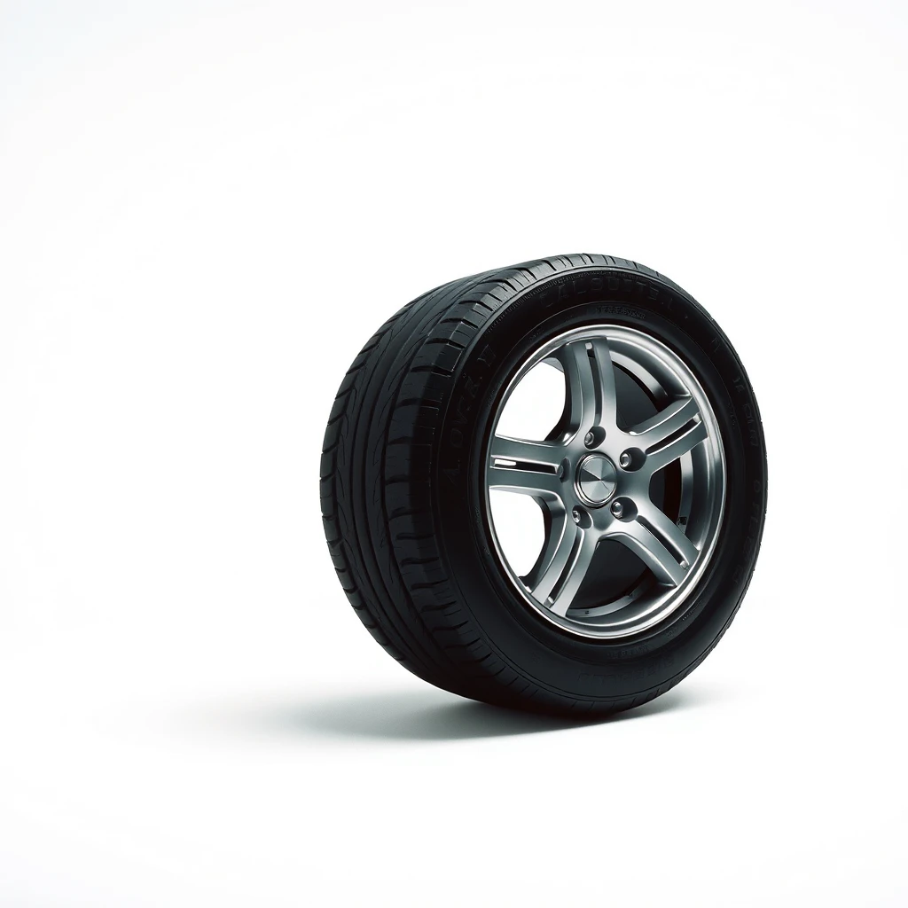 Product photography of a car tyre on its side, isolated on plain white background, Hasselblad, Kodak, portra 800, photo taken from a slight angle.