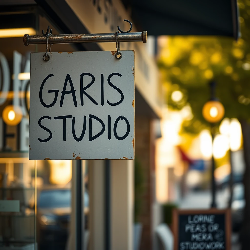 A shop at the street signage written "GARISREKA STUDIOWORK", bokeh, golden hour, outdoor.