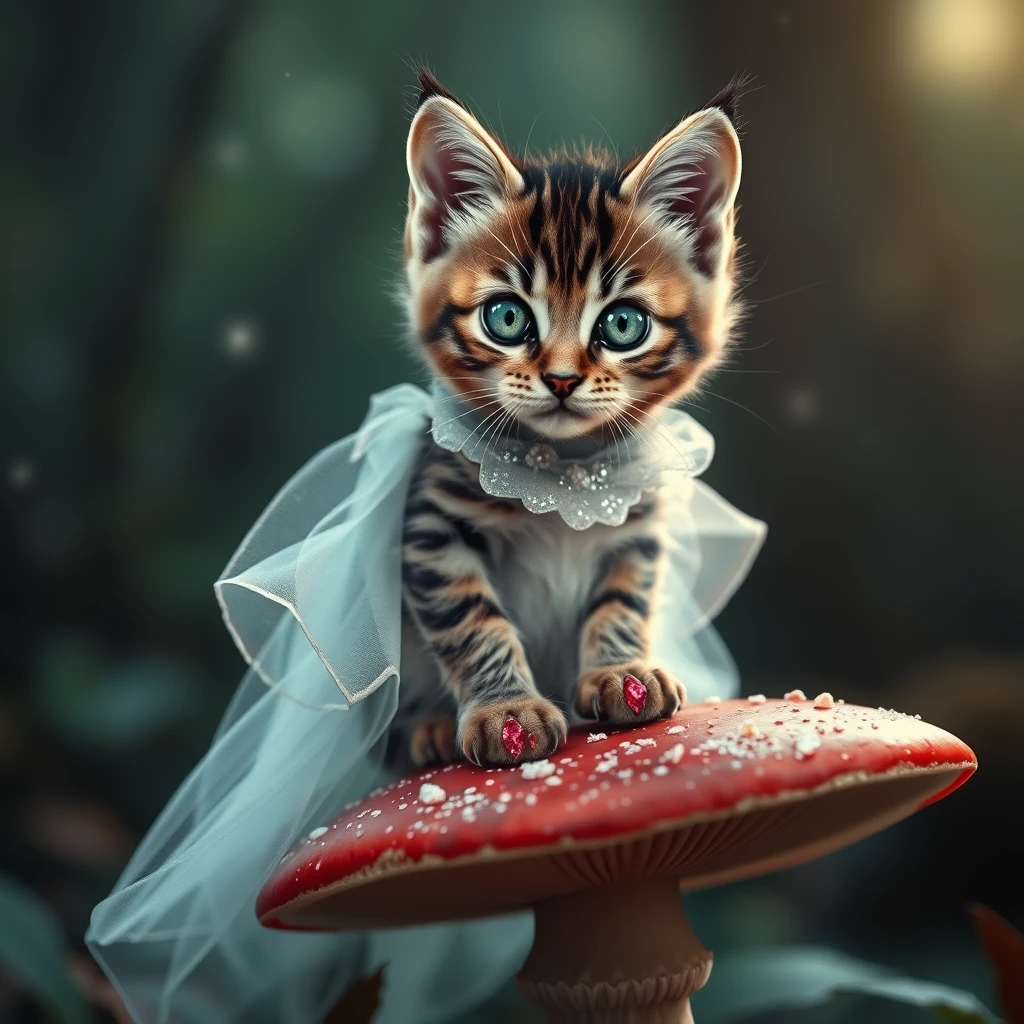 A mischievous tabby kitten, eyes sparkling with magic, dons a shimmering gossamer gown. Perched atop a toadstool, its tiny paws adorned with glistening ruby slippers. Hyper-realistic fur textures and ethereal fairy dust illuminate the enchanted forest backdrop. Cinderella-inspired whimsy meets feline charm.