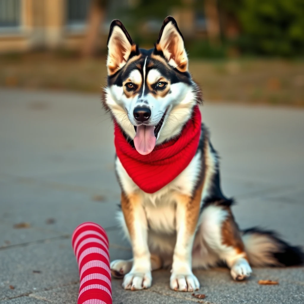 "Husky wearing stockings"