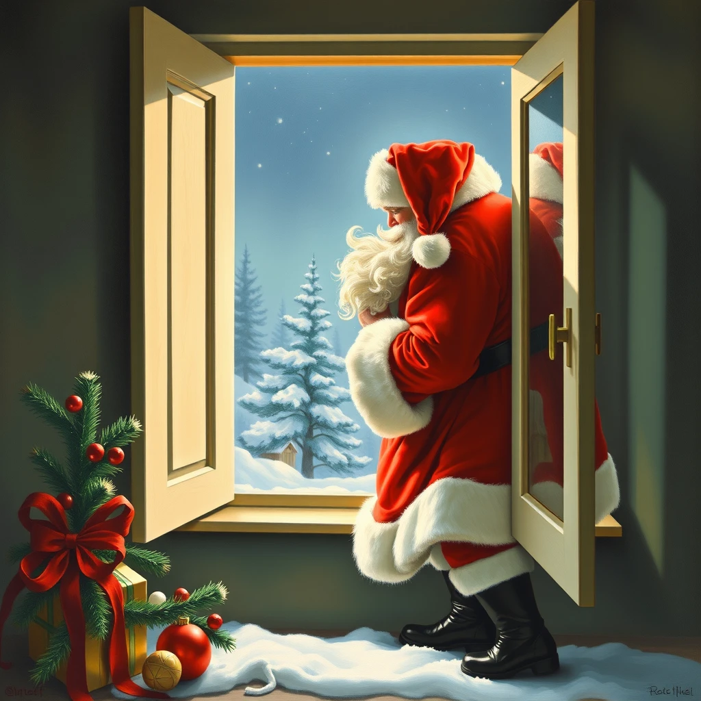 Santa is shoving his butt in a partially opened window, a painting by Arthur Sarnoff 1952.