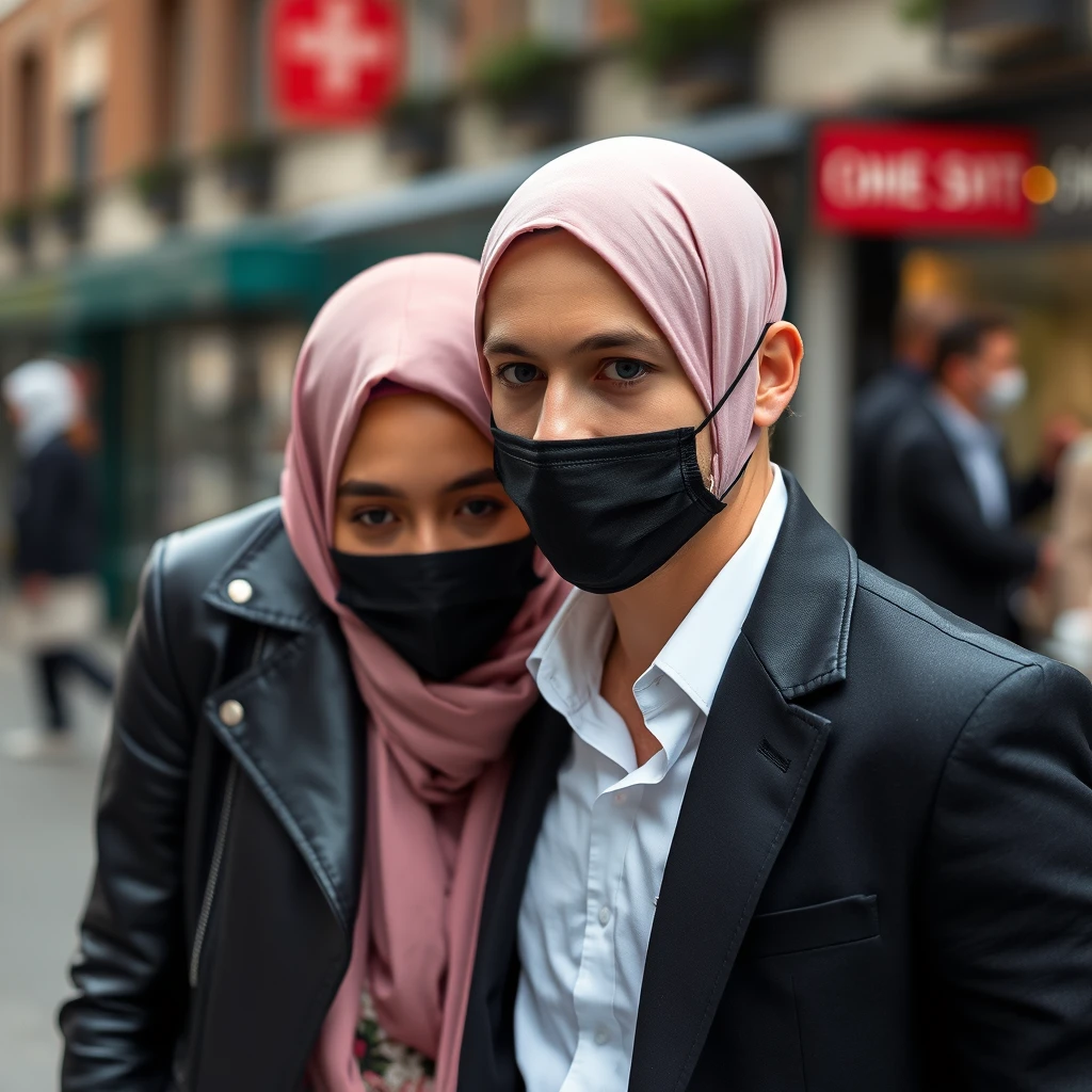 Jamie Dornan's head and body shot, handsome, young, face mask black, white shirt half buttoned, black coat suit, dating love with the biggest soft pink hijab girl, beautiful eyes, black leather jacket, face mask black, biggest floral skirt, hyper realistic, street photography.