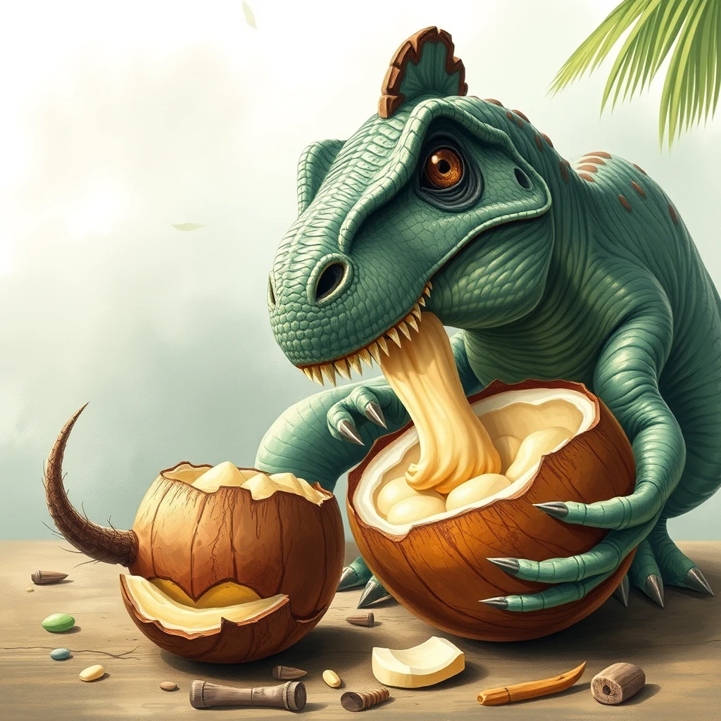 A Dinosaur eating coconuts photo - Image