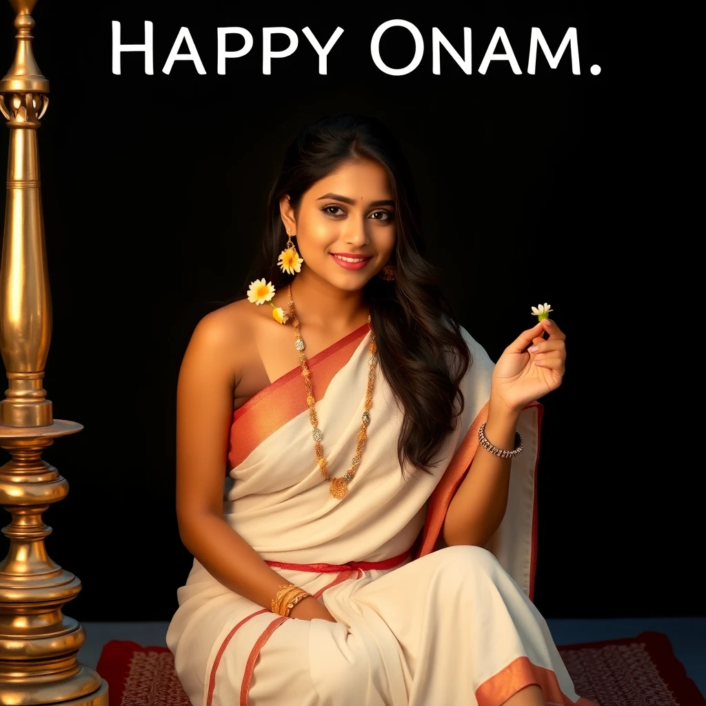 A voluptuous young lady, in minimalistic Kerala attire, wishing Onam with delicate flowers and sitting next to a tall brass lamp.