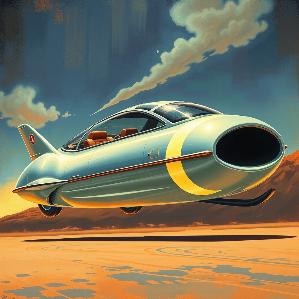 A futuristic flying car like in the Jetsons TV series, a painting by Syd Mead, 4k, detailed.