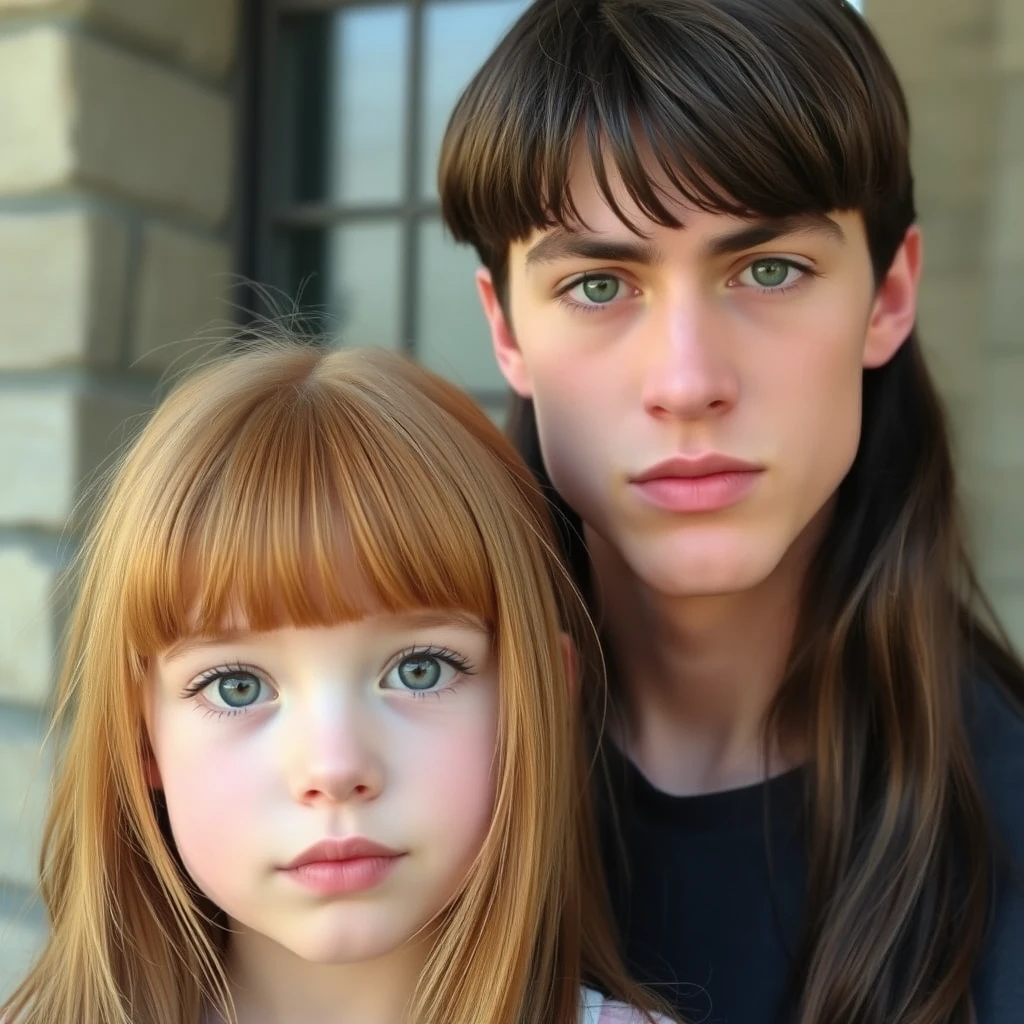 A young man with long dark brown hair parted in the middle, sharp facial features, pale skin, light brown eyes, thick eyebrows, and long eyelashes, standing next to a cute white girl with ginger hair, pink lips, green eyes, and bangs.