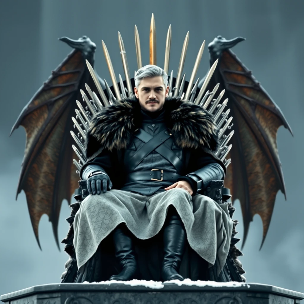 Create a real photo with Jon Snow sitting on the Iron Throne with a dragon behind him. - Image