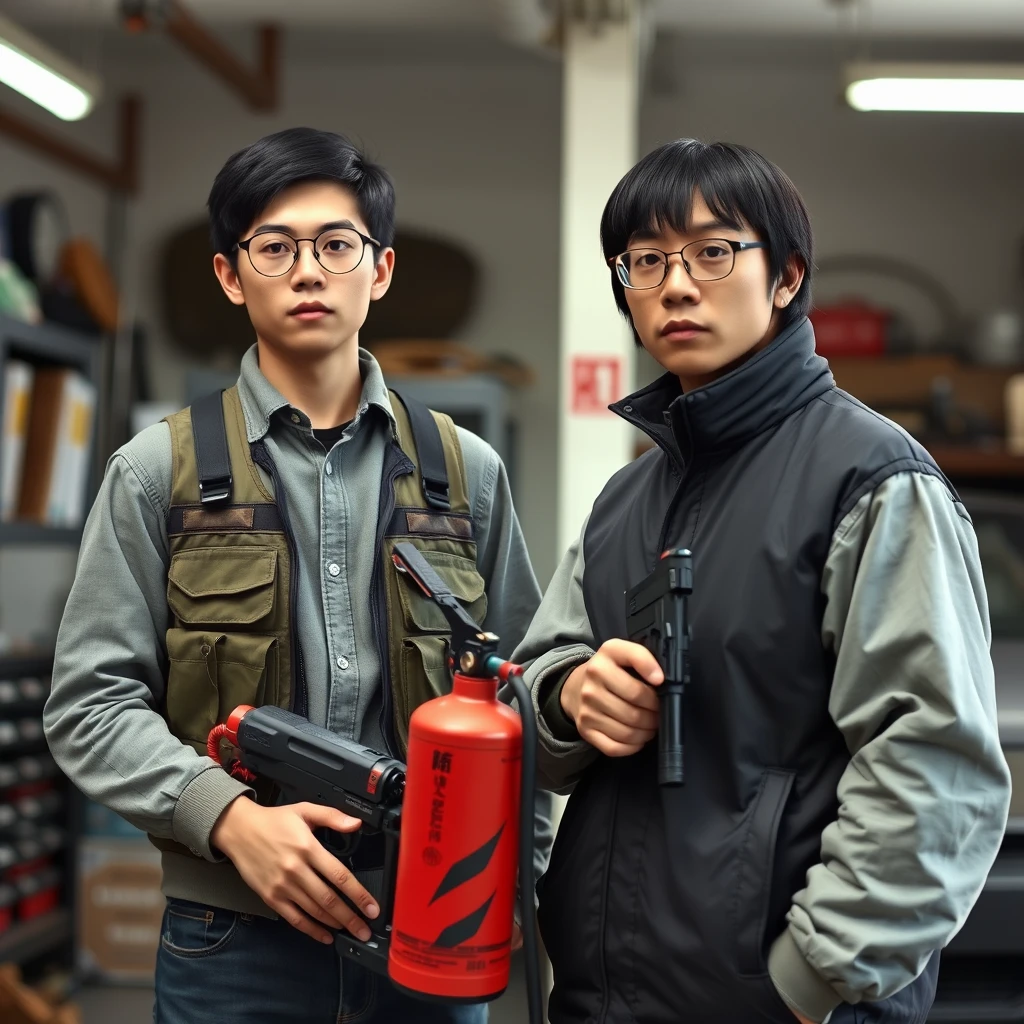 A 2-person set featuring 2 men: 1 white man and 1 Northern Chinese man, together in a garage setting. Here are the details with precision.

The first man (the white man) has these features: he is 21 years old, thin, with very fair skin, and wears round prescription glasses. He has short black hair and is dressed in everyday clothes, topped with a military vest. He is also holding a very large fire extinguisher flamethrower.

The second man (the Northern Chinese man) has these features: he has a thin, long face, wears square prescription glasses, has mid to long black fringe hair, and is holding a pistol.