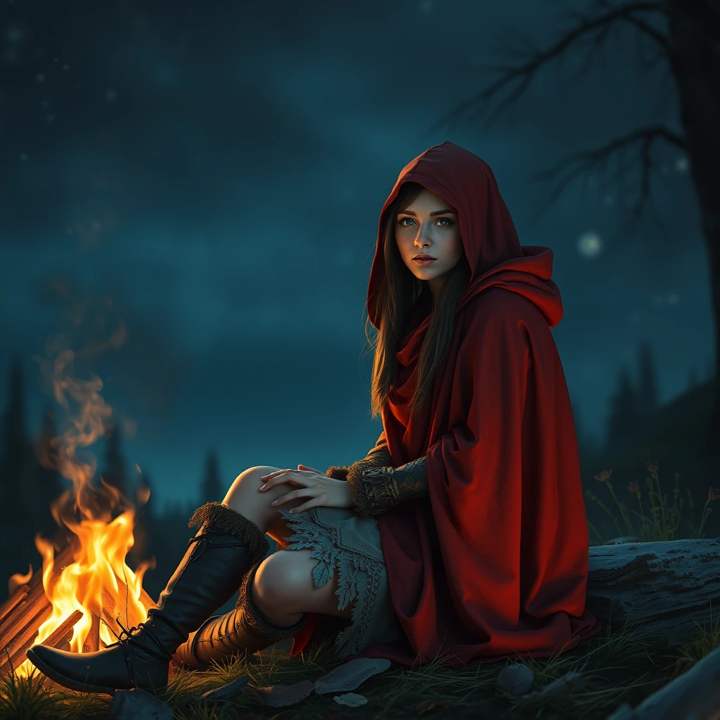 Photo realistic: Fantasy heroine with a red cloak sitting by the campfire at night.