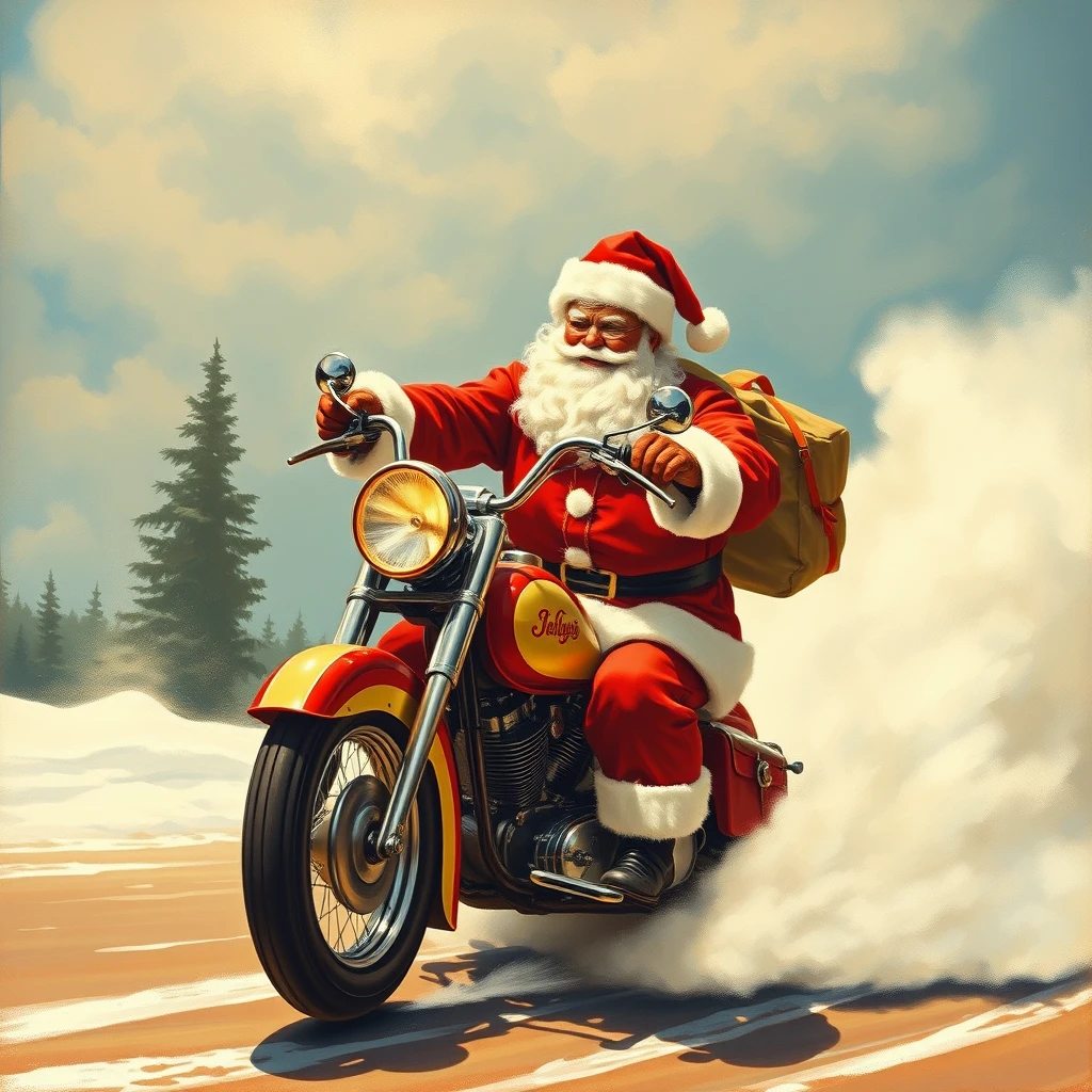 Santa is doing a burnout on his motorcycle, as painted by Arthur Sarnoff 1952.